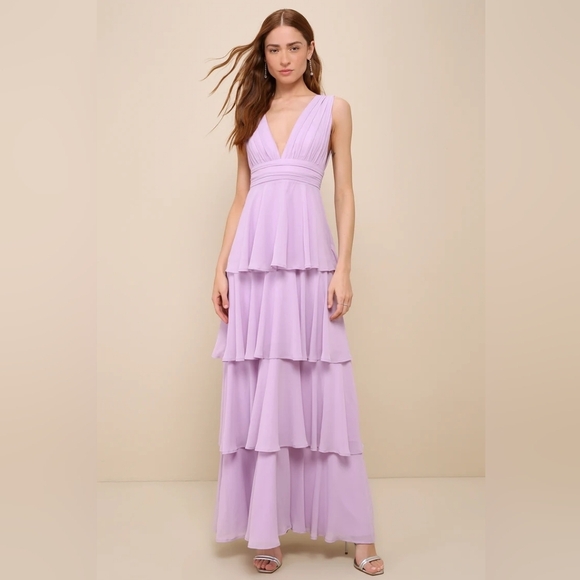 Lulus Amazing Evening Lavender Tiered Maxi Dress L Wedding Party Prom Spring - Picture 2 of 10